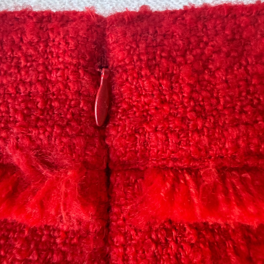 J.Crew Red Tweed Mini Skirt Gold Button Pockets Fringe Trim Classic Parisian - Picture 11 of 15